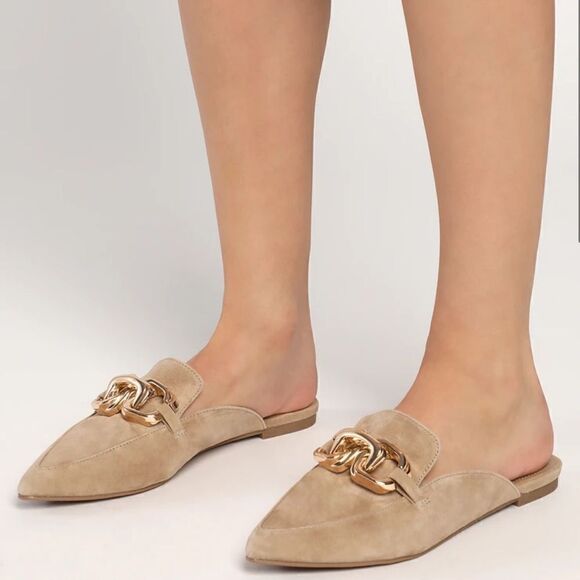 Steve Madden Shoes - Steve Madden Friends Tan Suede Chain Pointed-Toe Loafer Slides Size 10 M